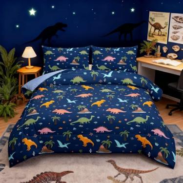 Imagem de Peopleareok Conjunto de edredom solteiro de dinossauro (168 x 203 cm), 2 peças, azul escuro, dinossauros e adolescentes, super macio, leve, para todas as estações