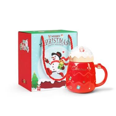 Imagem de Caneca de Natal, canecas de chá de cerâmica bonitas com tampa de Papai Noel de Natal, copo de Natal novidade para leite, café, chocolate quente, presente de Natal para mulheres, crianças, colegas, família, amigos, 500 ml - vermelho