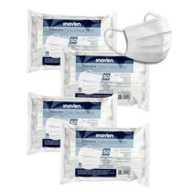Imagem de Máscara Descartável Facial Tripla Camada de Proteção Filtro Branca - 200 Unidades (4 pacotes com 50 unidades)