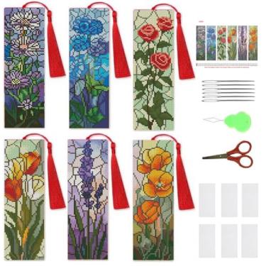 Imagem de NEGEKFKX Kit de 6 marcadores de página de ponto cruz para iniciantes adultos, kits de ponto de cruz de flores de vidro quebrado, 14 quilates, kits de ponto de cruz faça você mesmo, kit de marcadores