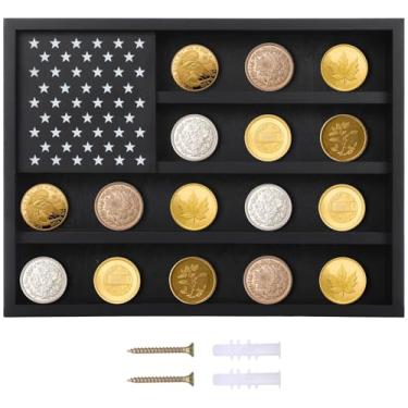 Imagem de LUMINFLY Armário de exibição de moedas com bandeira americana, suporte de parede de madeira de 3 camadas para medalhas e colecionáveis