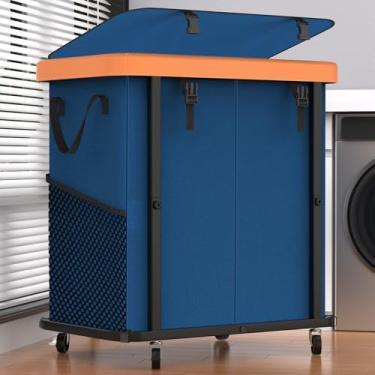 Imagem de Cesto de lavanderia grande moderno de 190 L com rodas, carrinhos de couro com rodinhas de patchwork, estrutura de metal resistente, bolsa lavável removível, classificador de roupas altas para quarto