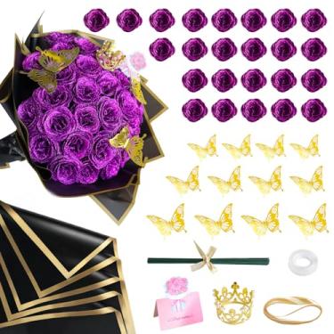 Imagem de Kit de buquê de rosas com glitter roxo – Pacote com 24 rosas falsas brilhantes com hastes coroa de borboleta floral eterna para buquê de casamento elegante, aniversário, dia dos namorados, presente de