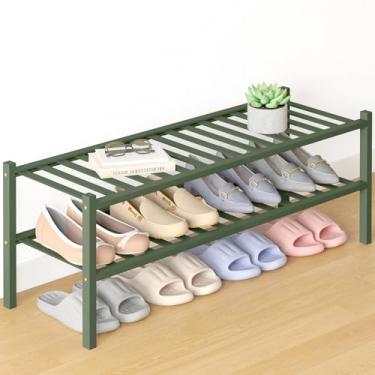Imagem de Smiry Sapateira de bambu para armário, organizador de sapatos empilhável de madeira de 2 níveis, prateleira de armazenamento de sapatos de pé livre para entrada, entrada da porta da frente, verde
