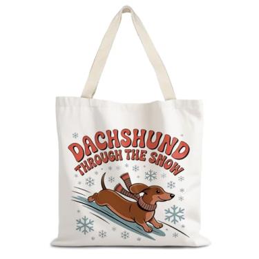 Imagem de LUVADIAN Sacola de Natal Dachshund, presentes para cães Weiner para mulheres, amantes de dachshund, sacola de lona, presentes para mulheres, salsicha de Natal para cães, sacolas de compras de
