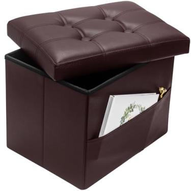 Imagem de Bsketa Banco de descanso para os pés otomano de armazenamento, pequeno banco de couro para otomanos, banquinho dobrável com bolsos laterais, descanso para os pés sob a mesa para sala de estar, quarto