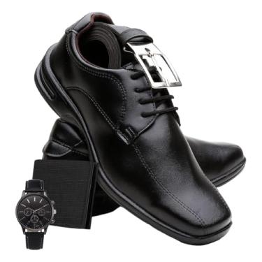 Imagem de Kit Sapato Social Masculino Ortopédico Couro Legítimo Máximo Conforto Com Cinto Carteira e Relógio Para Trabalho Festa e Casamento (Preto/Amarrar, BR, Adulto, Numérico, 43)