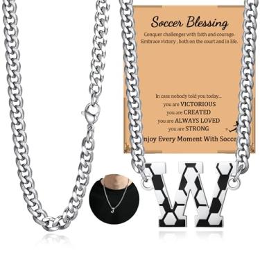 Imagem de NUKAYAI Colar de futebol com letra A a Z para homens, pingente de pingente de aço inoxidável, corrente de prata, acessórios de joias, material de 50,8 cm, colares personalizados, presentes de futebol