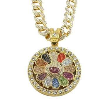 Imagem de Colar Hip Hop Com Girassol E Carinha Sorridente Colar Com Pingente De Pétala Colorida Tksi Murakm Pingente Giratório.