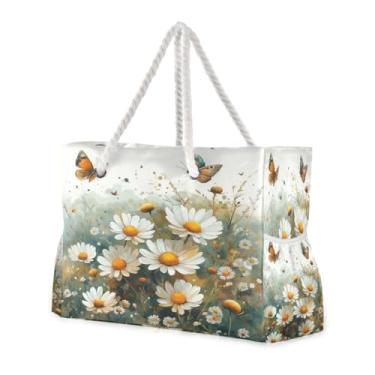 Imagem de ATTX Aquarela Prado Margaridas Bolsas de Praia para Mulheres - Bolsas de Praia Grandes com Zíper Impermeável À Prova de Areia Saco de Piscina Bolsa Grande #286