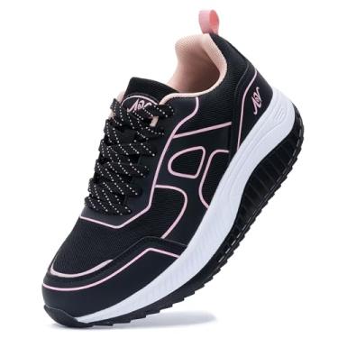 Imagem de ZF ZEFUHER Tênis feminino de caminhada com suporte de arco ortopédico para fascite plantar tênis de corrida, Rosa negra, 9 Wide