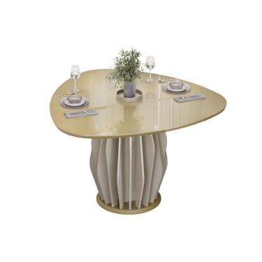 Imagem de Mesa De Sala Jantar Tokyo C/ Tampo Madeirado C/ Vidro Orgânico 136x136cm Off White/dourado - Dj Móveis