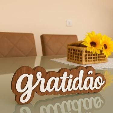 Imagem de Placa Decorativa em Madeira Vazada 3D Palavra Gratidão Amor Estilo Rústico para Decoração de Sala e Quarto 30 x 8 cm