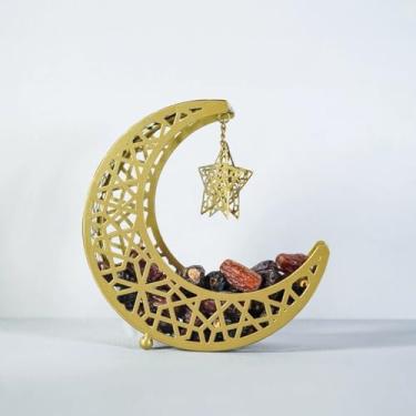 Imagem de Bandejas de servir Ramadã, pratos de metal em forma de lua Eid Mubarak, bandejas de sobremesa islâmicas muçulmanas, utensílios de mesa, sobremesa, recipiente de armazenamento de alimentos, suporte de
