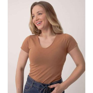 Imagem de Blusa Feminina Básica Cotton Manga Curta Marisa Marrom-80038, Marrom, 