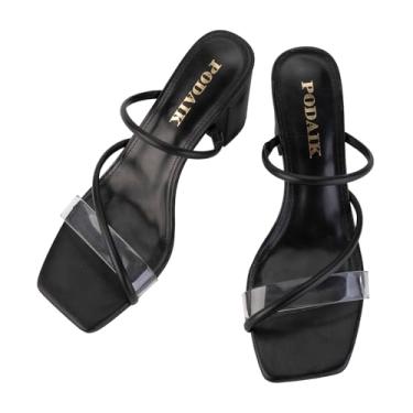Imagem de PODAIK Sandálias femininas de salto mula, sem cadarço, tiras transparentes, blocos grossos, abertos, bico quadrado, chinelos transparentes, Preto, 36