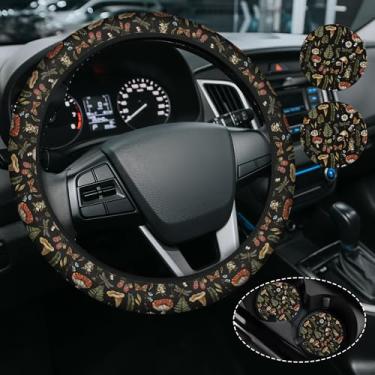 Imagem de Capa de volante de flor da selva de cogumelos para mulheres e homens, antiderrapante de alta elasticidade, acessórios de carro, capas de volante, universal, 38 cm para carros, SUVS, inclui 2