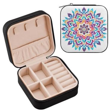 Imagem de YETTASBIN Caixa de joias mandala para adolescentes, meninas, mulheres, presente de aniversário, Natal, caixa de armazenamento portátil de couro PU, mini estojo de joias de viagem para colar, brincos