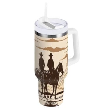 Imagem de STAYTOP Copo de caubói norte-americano de 850 g com tampa e canudo, copo isolado de aço inoxidável durável à prova de vazamento com alça, garrafas de água à prova de derramamento para viagens