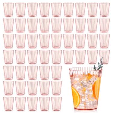 Imagem de 48 peças de copos de plástico com nervuras rosa 283 g inquebrável vintage ondulado sem haste copos de vinho copos de vidro descartáveis retrô copos para dia dos namorados chá de bebê casamento