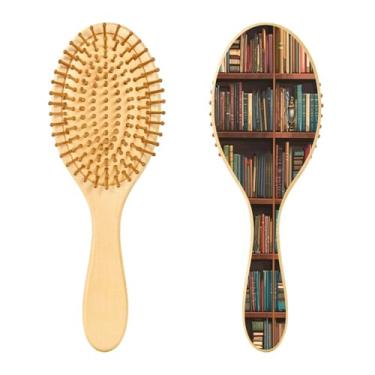 Imagem de YETTASBIN Library Bookshelf Escova de cabelo de madeira natural com cerdas de madeira confortáveis, escova de cabelo oval para mulheres, homens e crianças, todos os tipos de cabelo (molhado, seco e