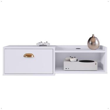 Imagem de Rack Suspenso TV Smart 32&quot; Bancada Canadá 1 Porta Puxador Concha Nicho Decoração Sala Quarto Branco – Lojas RPM