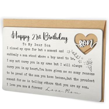 Imagem de Carteira de feliz aniversário de 21 anos para filho da mãe, cartão postal gravado a laser de aço inoxidável com recorte de coração, presente de aniversário de filho adulto, lembrança de bolso