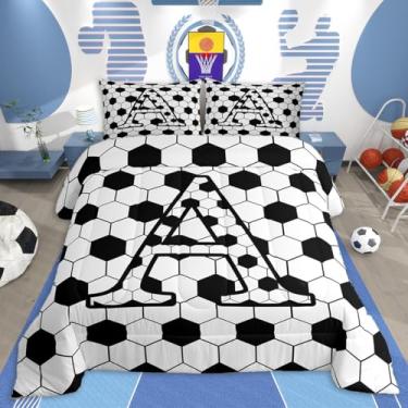 Imagem de jejeloiu Conjunto de edredom de futebol, solteiro, presentes inspiradores para amantes de futebol, conjunto de cama para crianças, meninos, meninas, com letra A, edredom e bola, decoração de quarto