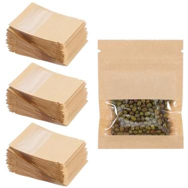 Imagem de FNANJWQ 100 unidades de mini sacos com zíper com janela, pacotes de selagem térmica de papel marrom para flores, sementes de vegetais, armazenamento de lembrancinhas de festa, saco de amostra de ração