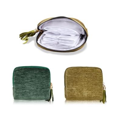Imagem de LELE LIFE Pacote com 2 estojos de viagem, bolsa organizadora de joias pequena de veludo com zíper de borla, bolsa de 6 compartimentos para pulseira de brinco, brincos femininos (verde pavão + verde