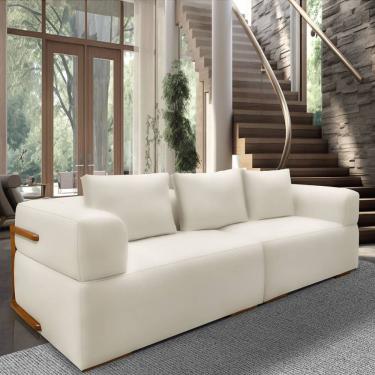 Imagem de Sofá 4 Lugares 3,00m Em Tecido Veludo Com Aplique Em Madeira – Scott Lucadi Bege