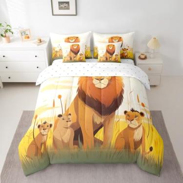 Imagem de Jogo de cama Queen com estampa reversível, animais africanos, animais selvagens, desenho animado de leão + lençol de cima + lençol com elástico + 2 fronhas + 2 fronhas