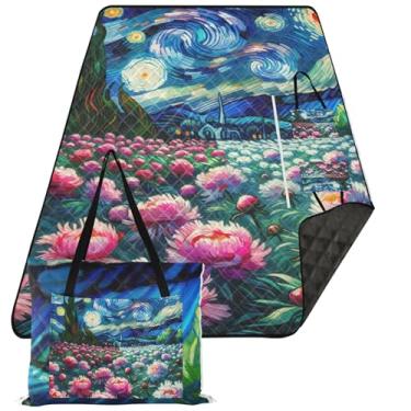 Imagem de TSENQUE Tapete de praia com flores de peônia, à prova d'água, sem areia, à prova d'água, acessórios de piquenique, cobertor dobrável para grama, 203 x 152 cm