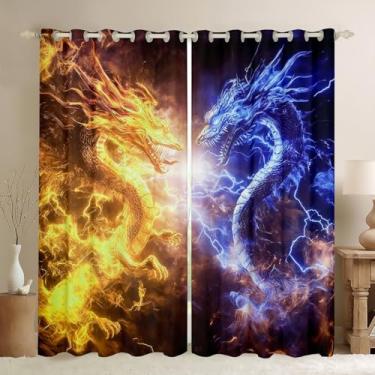 Imagem de jejeloiu Cortinas de dragão de fogo de gelo para quarto e sala de estar (2 painéis, 96 x 137 cm) dragão ocidental sonhos escurecendo para meninos adolescentes decoração dragão 3D cortinas blackout