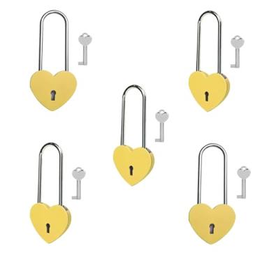 Imagem de Gradleen 5 peças de cadeado de coração único com chave de 8,5 cm, cadeado de amor de 50 mm, pintura de borracha, cadeado de amor de metal amarelo para ponte Lovelock, caixa de cartão, caixa de joias