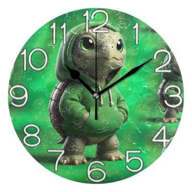 Imagem de GAIGEO Relógio de parede analógico verde bonito tartaruga decorativo relógio de cozinha rústico operado por bateria, decoração de parede moderna para sala de estar, 25 cm, ponteiros pretos