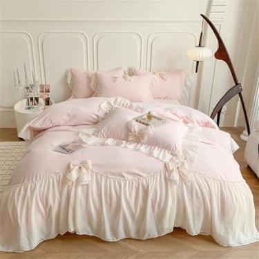 Imagem de Conjunto de cama rosa romântico estilo princesa com babados e laços, capa de edredom e lençol, tamanho solteiro (1 unidade), conjunto de 3 peças.