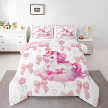 Imagem de Erosebridal Jogo de cama solteiro com laço rosa para meninas, unicórnio, para crianças, adolescentes, mulheres, decoração de quarto feminino, moderno, princesa, com laço, coração, floral, edredom