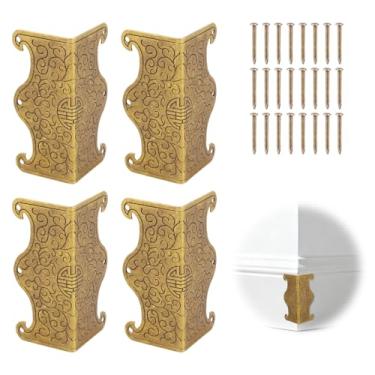 Imagem de 4un Protetores Canto Bronze, Estilo Vintage Protetores Canto Bronze com Pregos para Armário TV Mesa Centro Estante Baú de Madeira e Porta-Joias