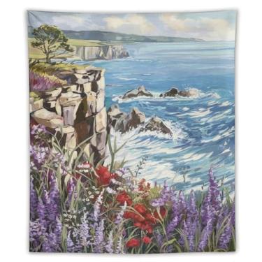 Imagem de Tapeçaria Cliffside de flores silvestres costeiras caindo ondas do mar árvore solitária vibrante paisagem litorânea arte natureza cênica decoração de parede para sala de estar quarto casa espaço ao ar