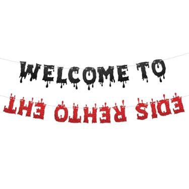 Imagem de Welcome to The Other Side Faixa, Glitter Upside-Down Halloween Aniversário Decorações Festas Fornecimentos Festas com Tema Excêntrico para Decoração de Parede Casa Assombrada Sala