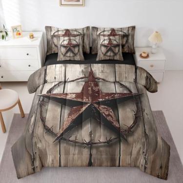 Imagem de Feelyou Conjunto de edredom Queen com estampa de estrela do oeste do Texas, vintage, rústico, para meninos e meninas, com edredom, lençóis, fronhas, fronhas
