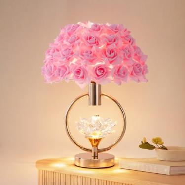 Imagem de ZYLEISENBAO Candeeiro de mesa rosa moderno com flor de cristal criativo candeeiro de cabeceira princesa lâmpada de mesa atmosfera romântica luz de mesa (43 cm)