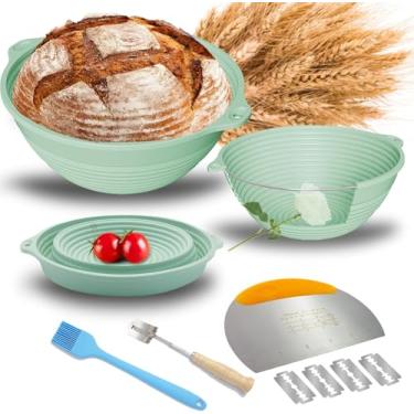 Imagem de Cestas de silicone à prova de pão Sourdough atualizadas (conjunto de 2, 22 polegadas) - incluindo anéis de aço, kit inicial de fermento, cesta redonda dobrável para assar massa fermentada (verde)