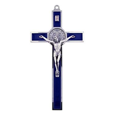 Imagem de VILLAGE GIFT IMPORTERS Crucifixo de São Bento Extra Grande de 20 cm | 7 cores | Cruz de parede perfeita | Medalha San Benito | Artigos de casa cristãos (azul)