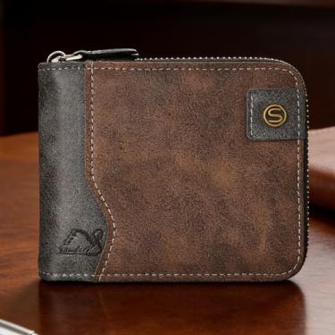 Imagem de Carteira leve universal moderna marrom escuro com listras abertas em couro legítimo, design moderno marrom escuro aberto com padrão listrado, sensação de couro, leve