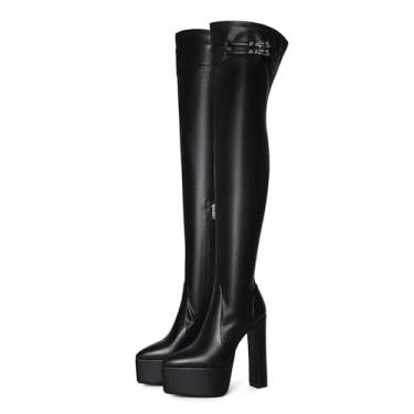 Imagem de Frankie Hsu Botas longas de salto alto feitas à mão com plataforma grossa sexy acima do joelho, cinto preto com fivela na coxa, grande, tamanho 34-58, para mulheres e homens, Preto, 40