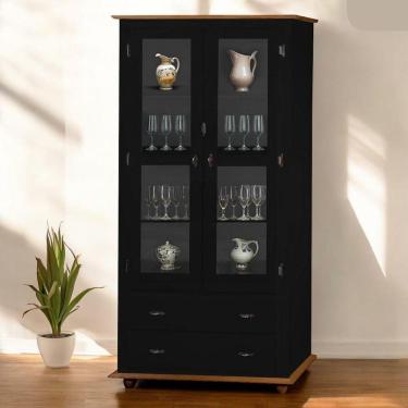 Imagem de Cristaleira Rústica De Madeira 2 Portas E 2 Gavetas Com Pés Torneados - Preto Laca Com Tampo E Base Imbuia Glazer