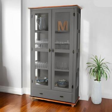 Imagem de Cristaleira De Madeira Maciça 2 Portas 1 Gaveta 3 Prateleiras Pés Torneados - Cinza Laca Com Tampos E Base Imbuia Glazer