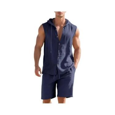 Imagem de Conjunto De Camisa Sem Mangas Com Capuz De Linho Para O Verão Masculin